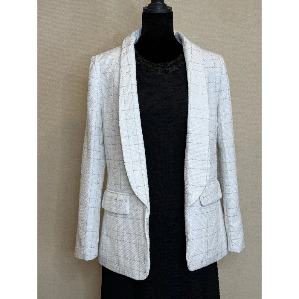 Y2K Classic Lapel Neck Tweed Blazer Size M Ivory/Off White Gold Accent Shein EUC